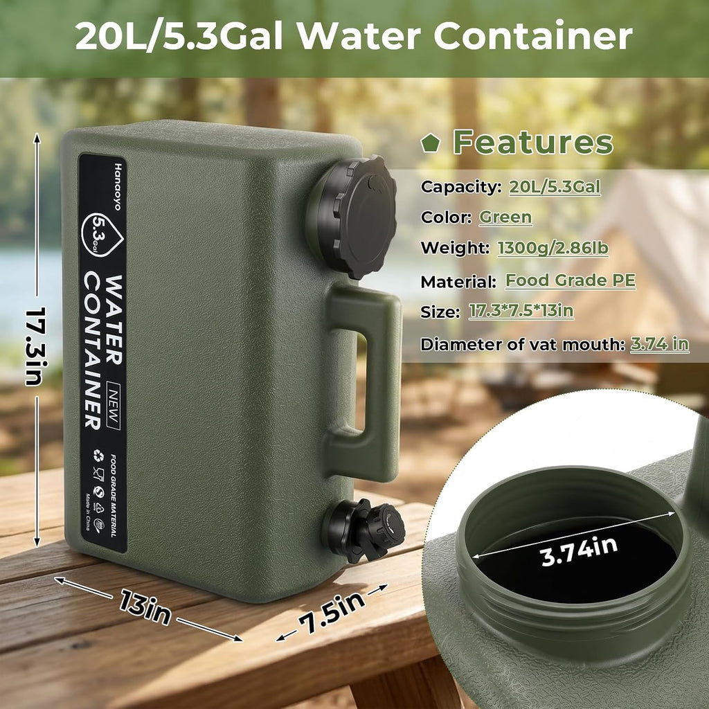 5.3 Gallon Camping Water Jug, BPA Free Portable Water Container with Spigot & Extension Tube, Space Saving Flat Water