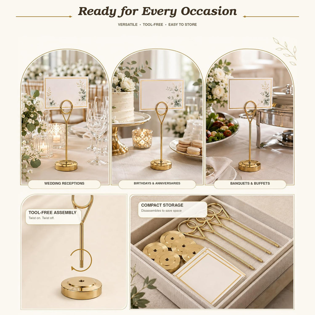 Gold Table Number Holders with 100 Place Cards, 10 Pack, 6-Inch