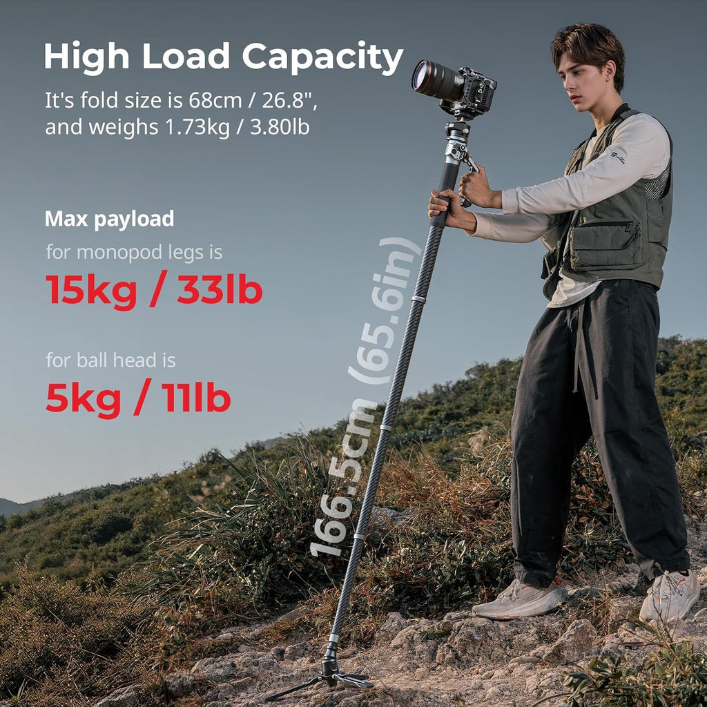 65.6"/ 166.5cm Carbon Fiber Ball Head Monopod for Camera | One-Button Lift & Lock, Ball Head Max. Playload 5kg/ 11lb