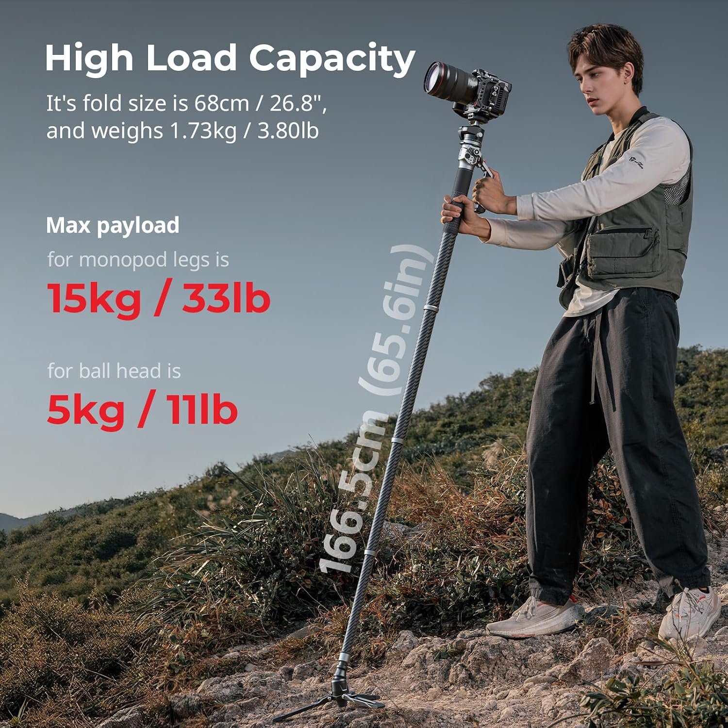 65.6"/ 166.5cm Carbon Fiber Ball Head Monopod for Camera | One-Button Lift & Lock, Ball Head Max. Playload 5kg/ 11lb