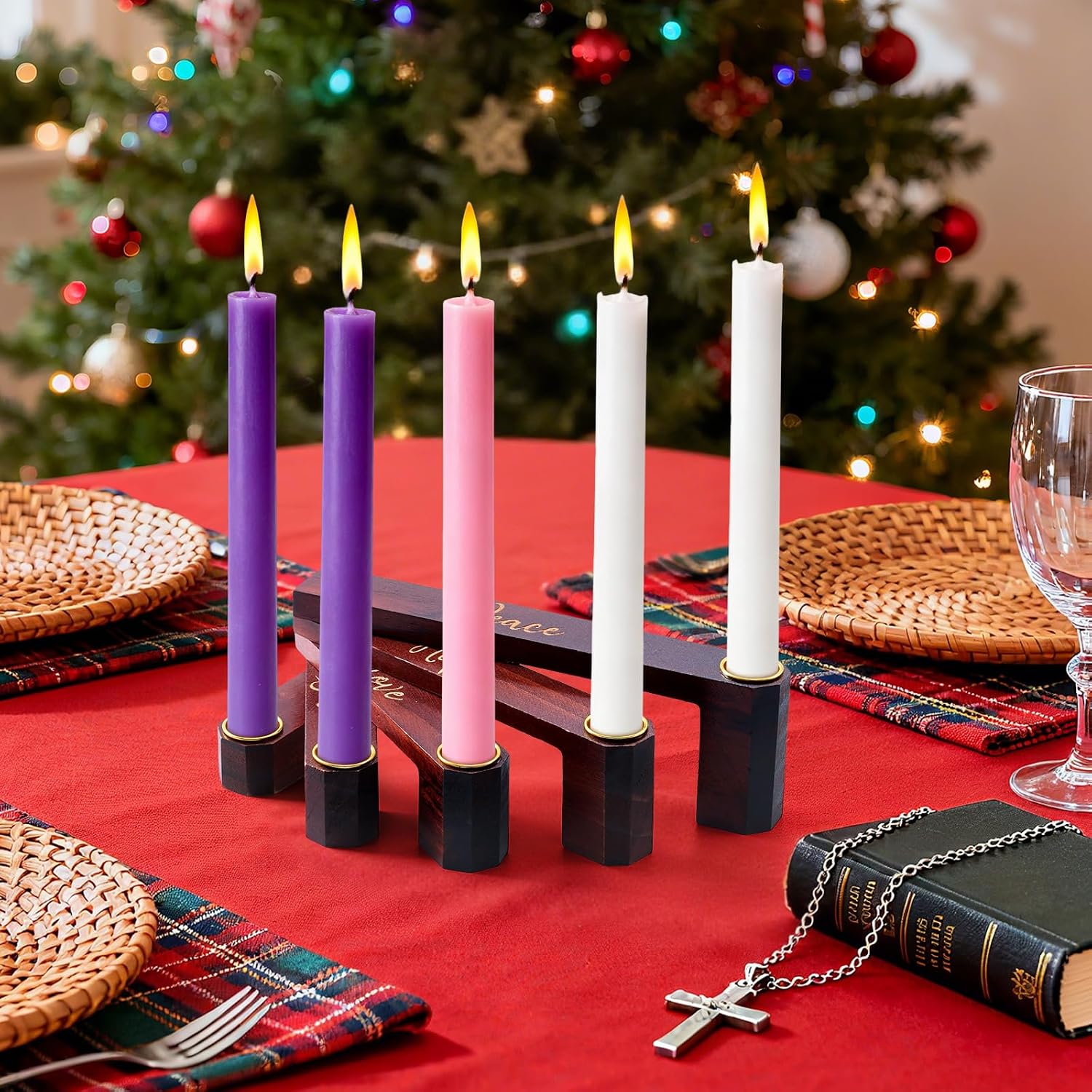 Christmas Advent Nativity Candle Holder, Walnut Christmas Advent Candlestick Holder with Religious Phrases, Wooden