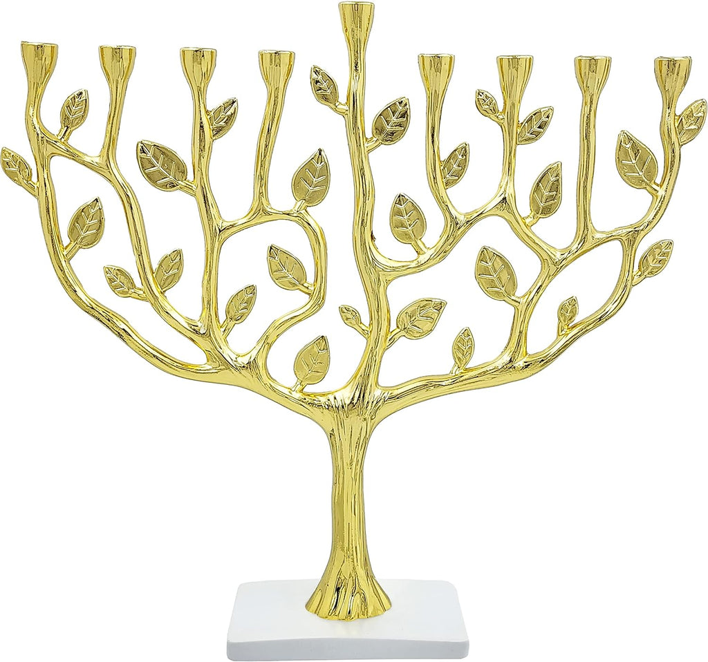 Large Gold Hanukkah Menorah Tree of Life with Stone Base 11 Imces Long