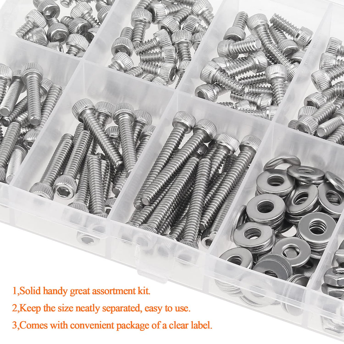 HELIFOUNER 250 Pieces #6-32 x 3/16" 1/4" 5/16" 3/8" 1/2" 5/8" 3/4" 1", Hex Socket Head Cap Screws Bolts Washers Nuts Kit, Coarse Thread, Fully Machine Threaded, 304 Stainless Steel