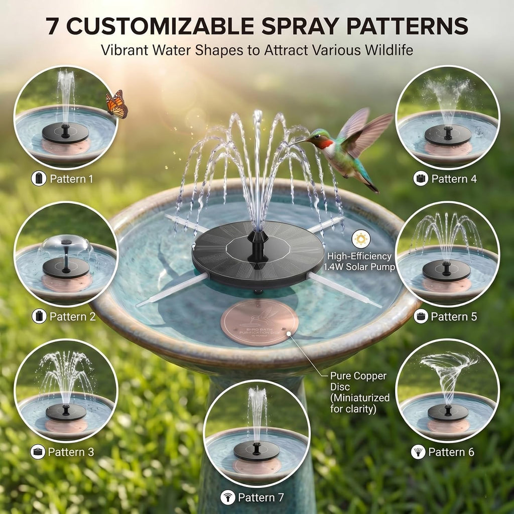 Solar Fountain for Bird Bath Set: 99.99% Pure Copper Water Purification Disc & 1.4W Floating Water Pump Set,7 Spray