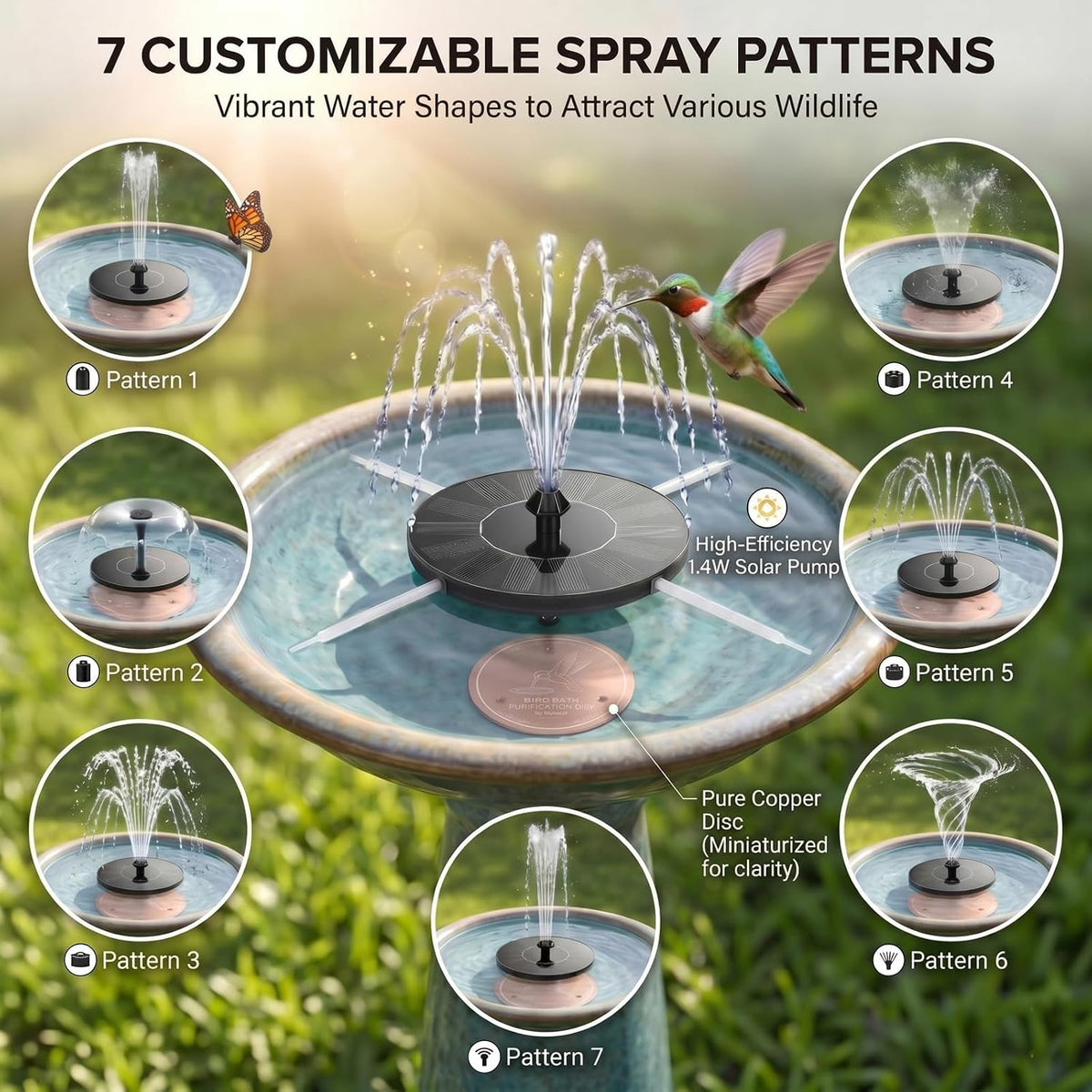 Solar Fountain for Bird Bath Set: 99.99% Pure Copper Water Purification Disc & 1.4W Floating Water Pump Set,7 Spray