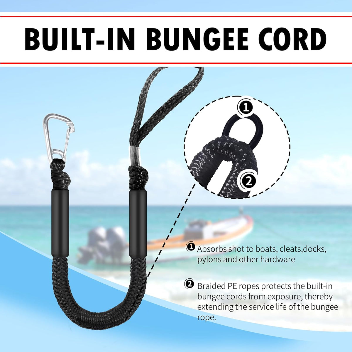 Single Hook Bungee Dock Lines – Adjustable Boat Tie Downs for Pontoon, Jet Ski, PWC, Kayak | Small Cruiser Mooring