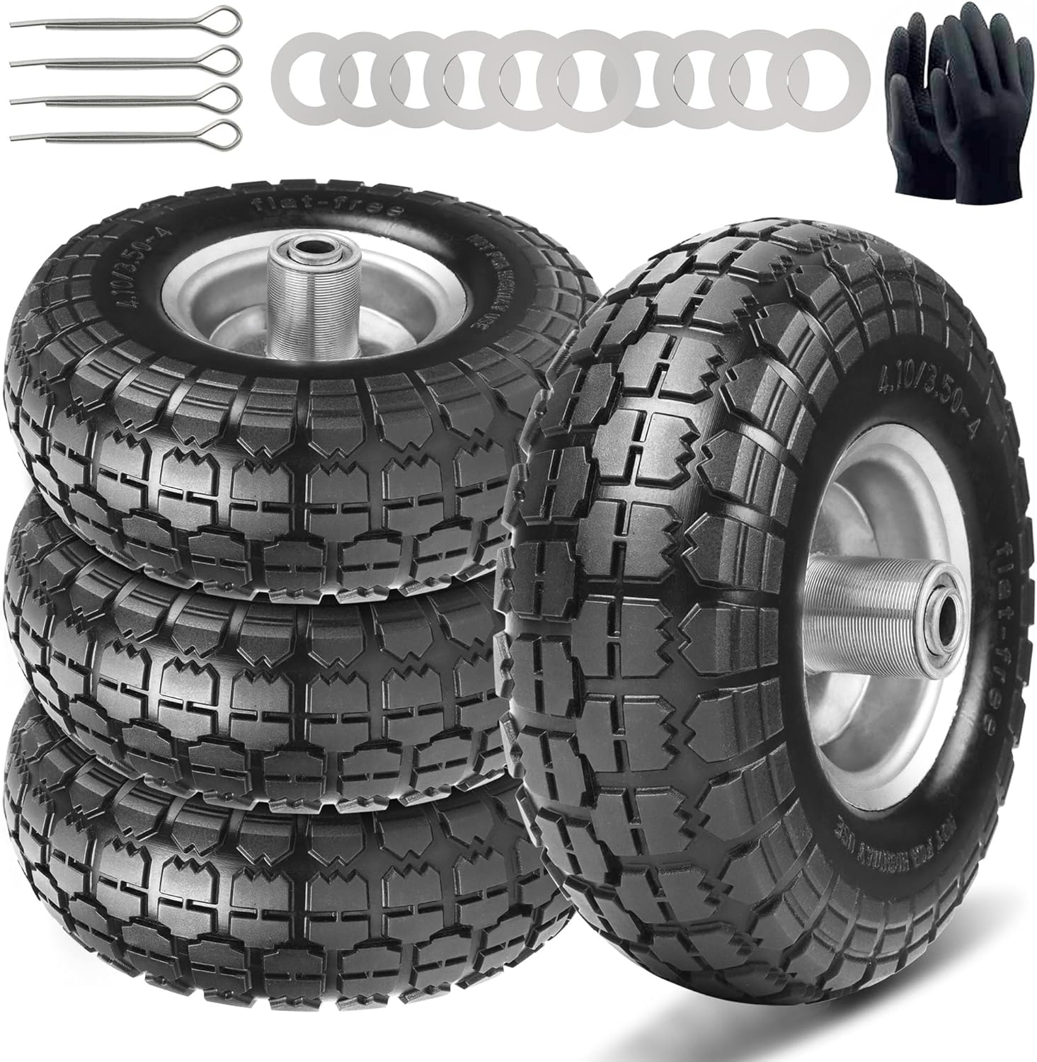 4.10/3.50-4 Tire and Dolly Wheel Flat Free - Solid Rubber Hand Truck Wheels 5/8" Axle - Gorilla Cart Tires