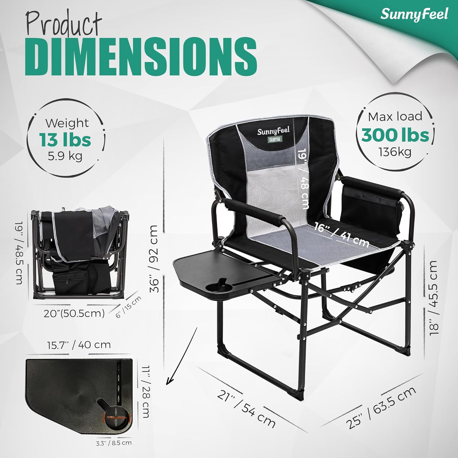 Camping Directors Chair, Heavy Duty,Oversized Portable Folding Chair with Side Table, Pocket for Beach