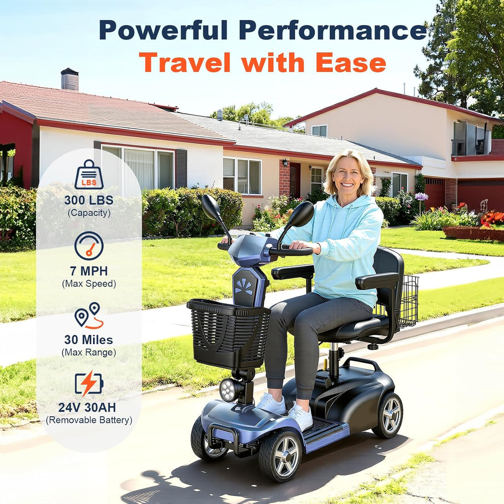 15/25/30/50Miles Eldryvon 4 Wheels Electric Mobility Scooter for Seniors, Dual Basket, 350W Powered Wheelchair with
