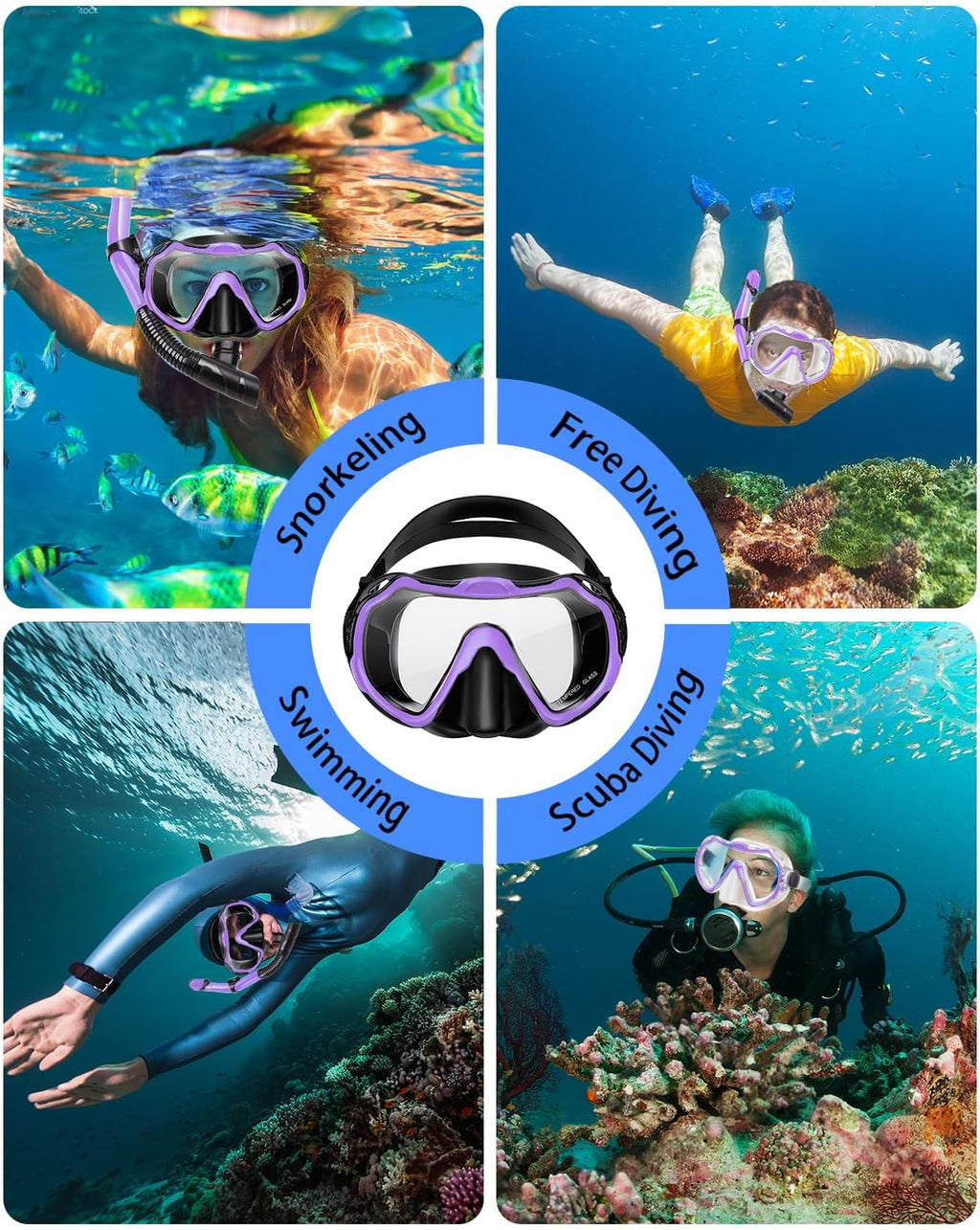 Snorkeling Gear for Adults, Adult Snorkel Set with Panoramic Anti-Leak and Anti-Fog Tempered Glass Snorkel Mask, Dry