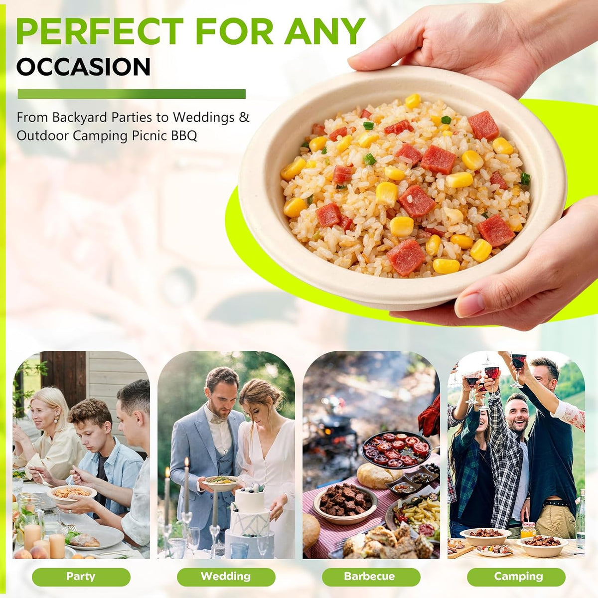 Compostable Paper Bowls 16 oz - 50 Count, Heavy Duty Disposable