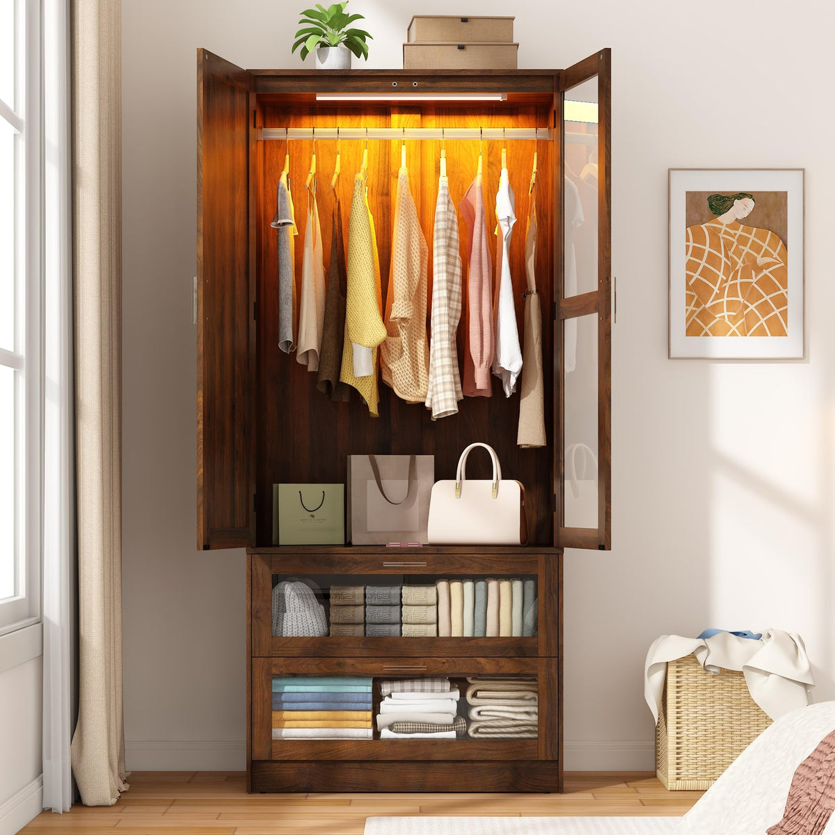 2Doors Armoire Wardrobe Closet with Sensor LED Light and Mirror