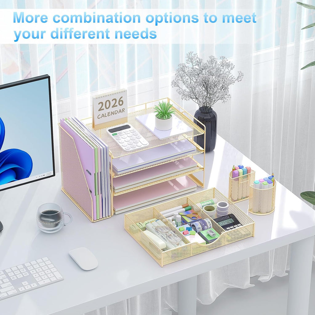 Desk Organizers and Accessories with File Holder, 4-Tier Desk Accessories & Workspace Organizers with Drawer and 2