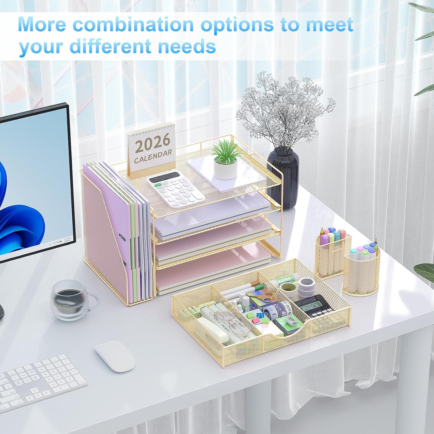 Desk Organizers and Accessories with File Holder, 4-Tier Desk Accessories & Workspace Organizers with Drawer and 2