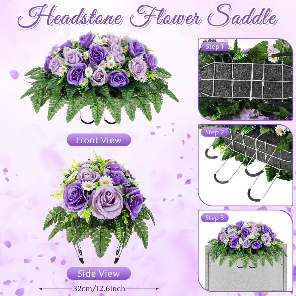 3 Pcs Father's Day Headstone Flower Saddle Cemetery Flowers for Grave Purple Rose Daisy Artificial Memorial Floral