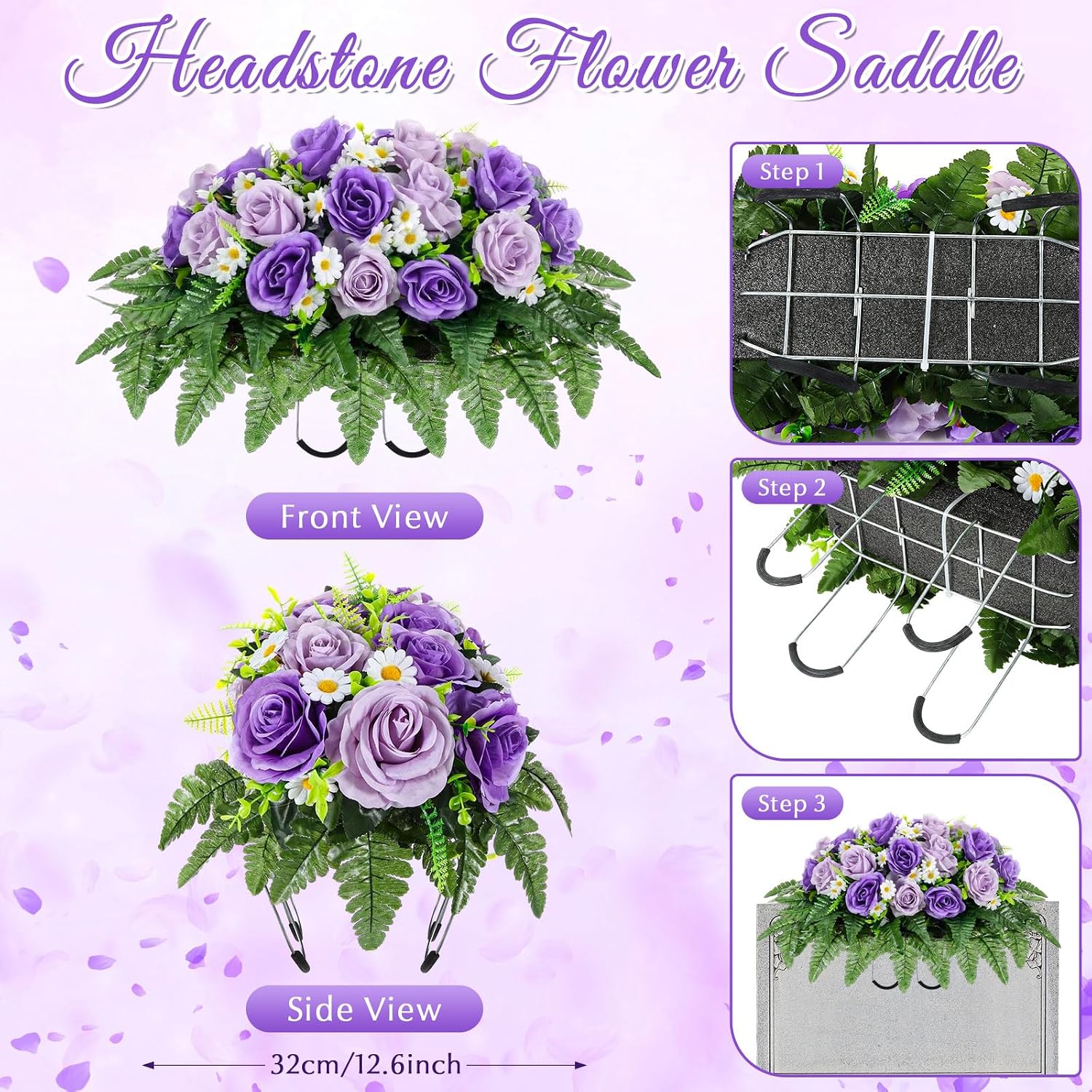 3 Pcs Father's Day Headstone Flower Saddle Cemetery Flowers for Grave Purple Rose Daisy Artificial Memorial Floral