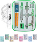 Geometry Set, 13 pcs, 3 Metal Compasses, Protractor, 6" Ruler | 45° & 30°/60° Set Squares, Pencils, Lead Refills