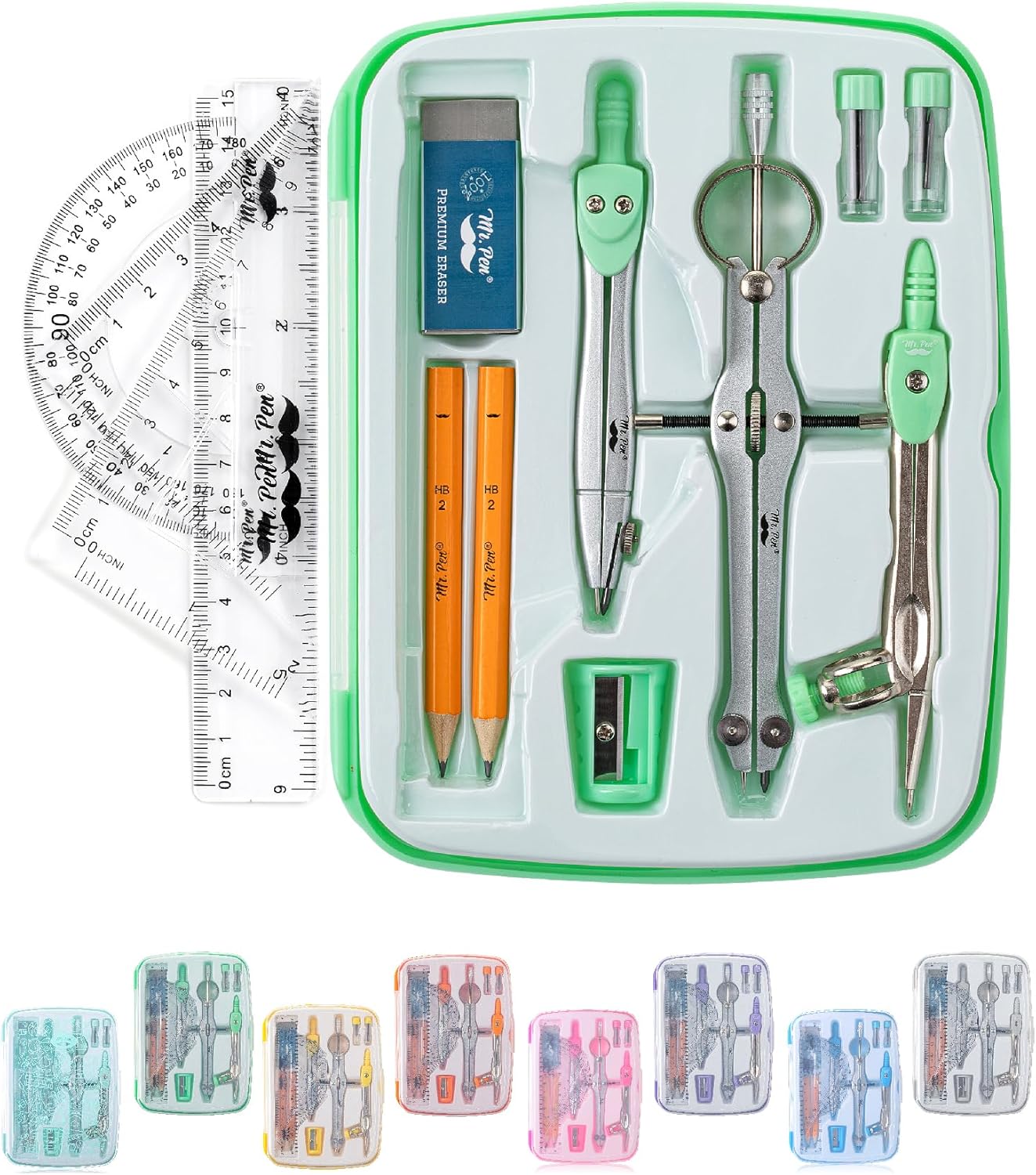 Geometry Set, 13 pcs, 3 Metal Compasses, Protractor, 6" Ruler | 45° & 30°/60° Set Squares, Pencils, Lead Refills