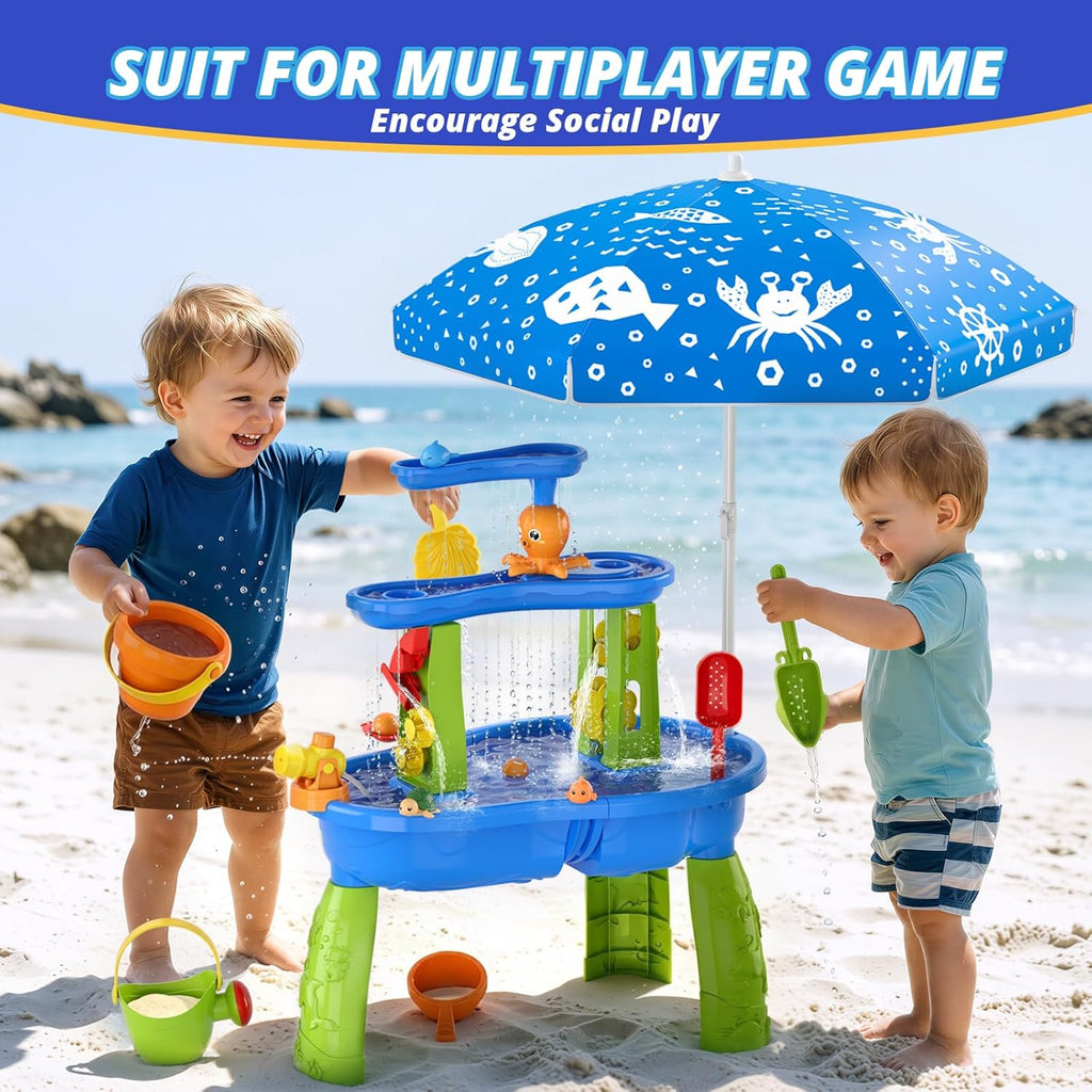 3-Tier Water Table for Toddlers, Kids Sand Water Table with Adjustable Umbrella, Sand Toys & Fishing Game, Sensory