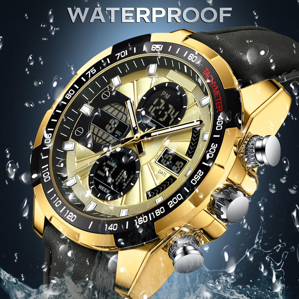 Mens Watch Digital Military Watches Leather Strap Alloy Case Waterproof Analog Watch Luxury Dress Sport Designer