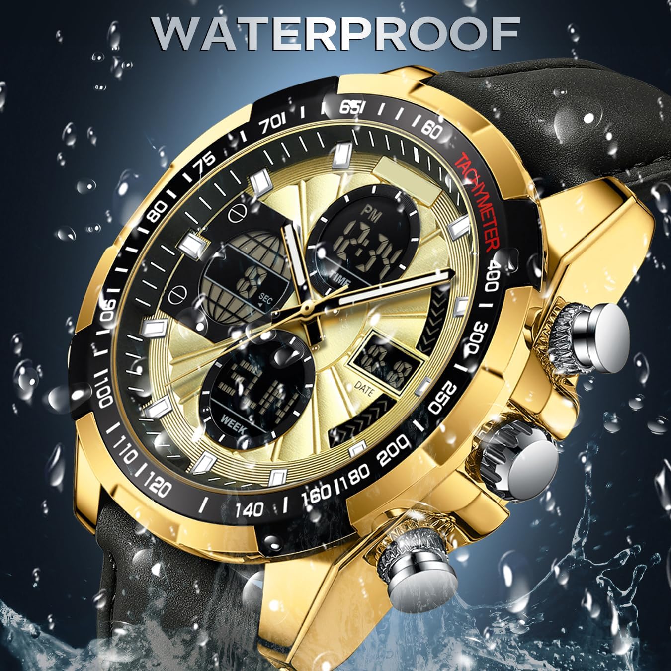 Mens Watch Digital Military Watches Leather Strap Alloy Case Waterproof Analog Watch Luxury Dress Sport Designer