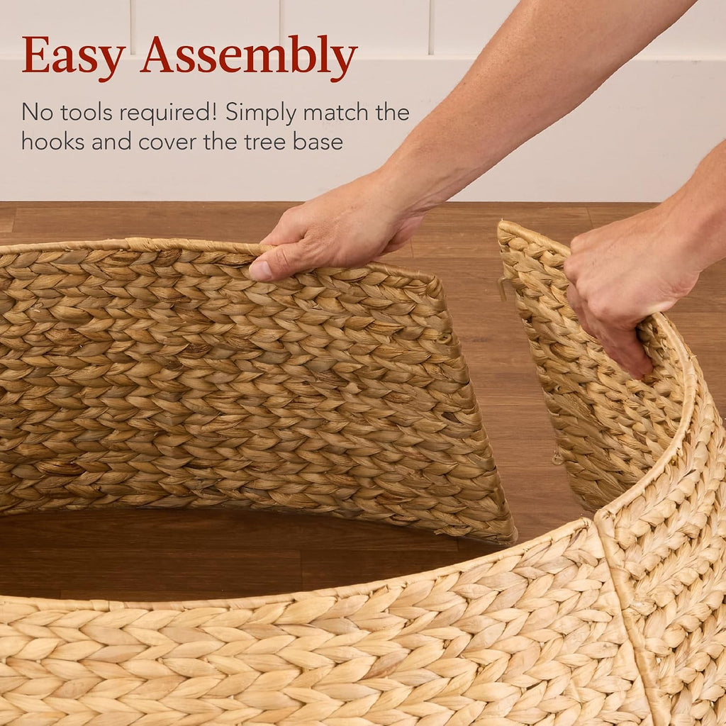 36in Christmas Tree Collar, Woven Hyacinth 3-Piece Holiday Rattan Tree Skirt Accessory for Home w/Cord Cut-Out - Natural
