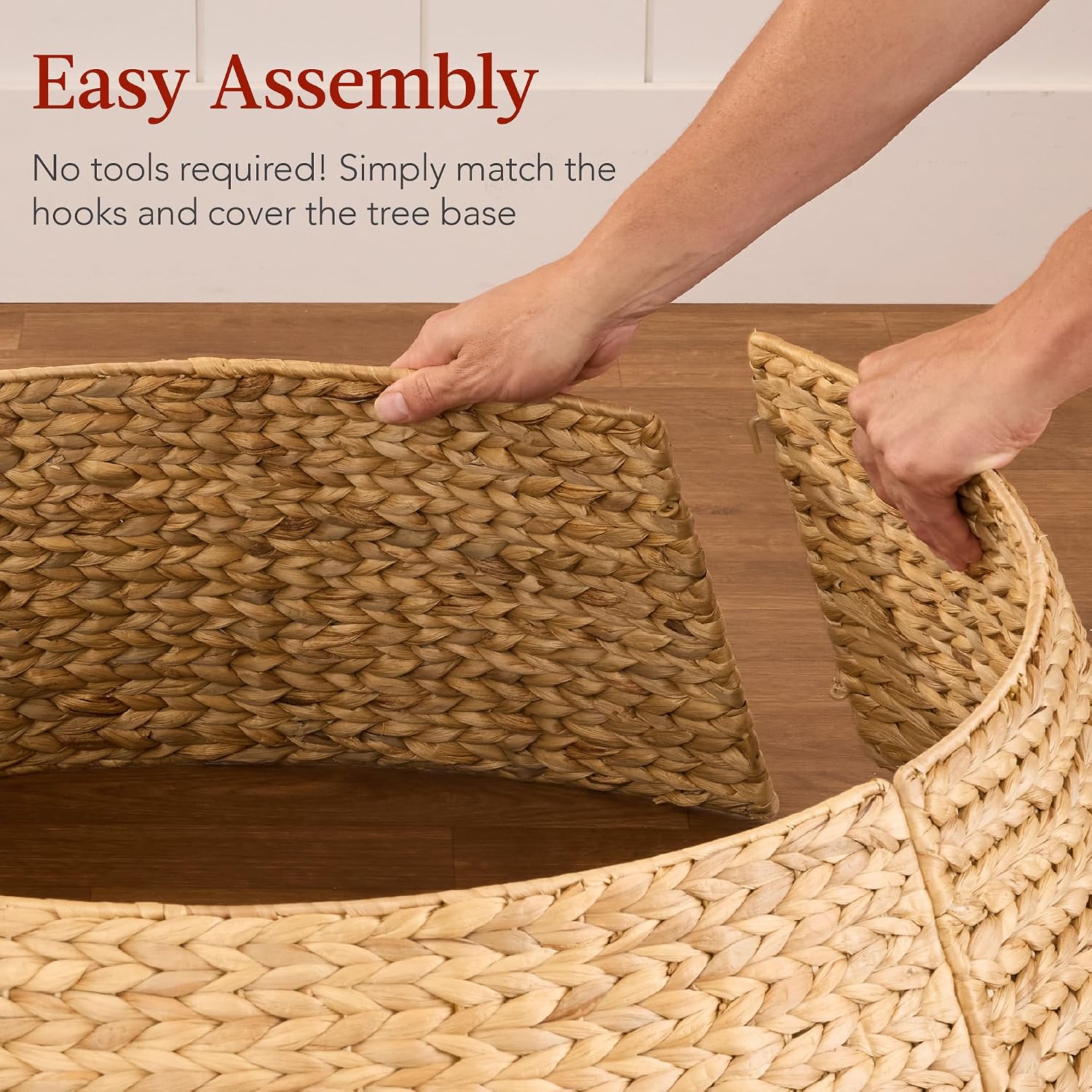 36in Christmas Tree Collar, Woven Hyacinth 3-Piece Holiday Rattan Tree Skirt Accessory for Home w/Cord Cut-Out - Natural