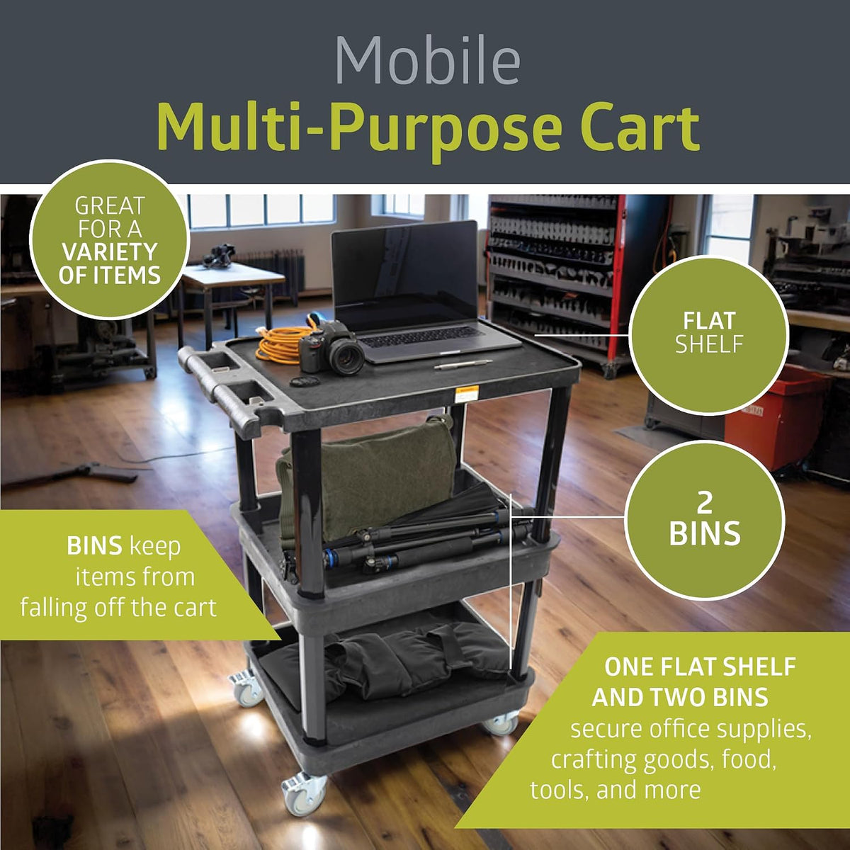 3-Shelf Multipurpose Mobile Utility Cart with 2 Bins and Lockable Wheels, Heavy-Duty Plastic Rolling Presentation