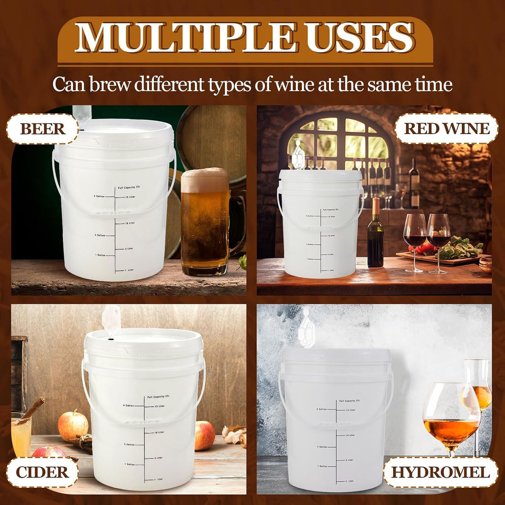 4 Pcs White 6.5 Gallon Fermentation Bucket with Twin Bubble Airlock Grommets Lid Brewing Wine Fermenter Fermentation