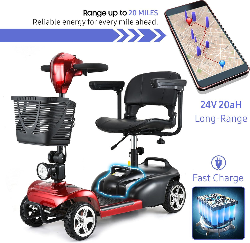 Mobility Scooter for Seniors – 20 Miles Range, 4 Wheel Foldable Electric Scooter, 24V 20Ah Battery, 300W Motor, 285