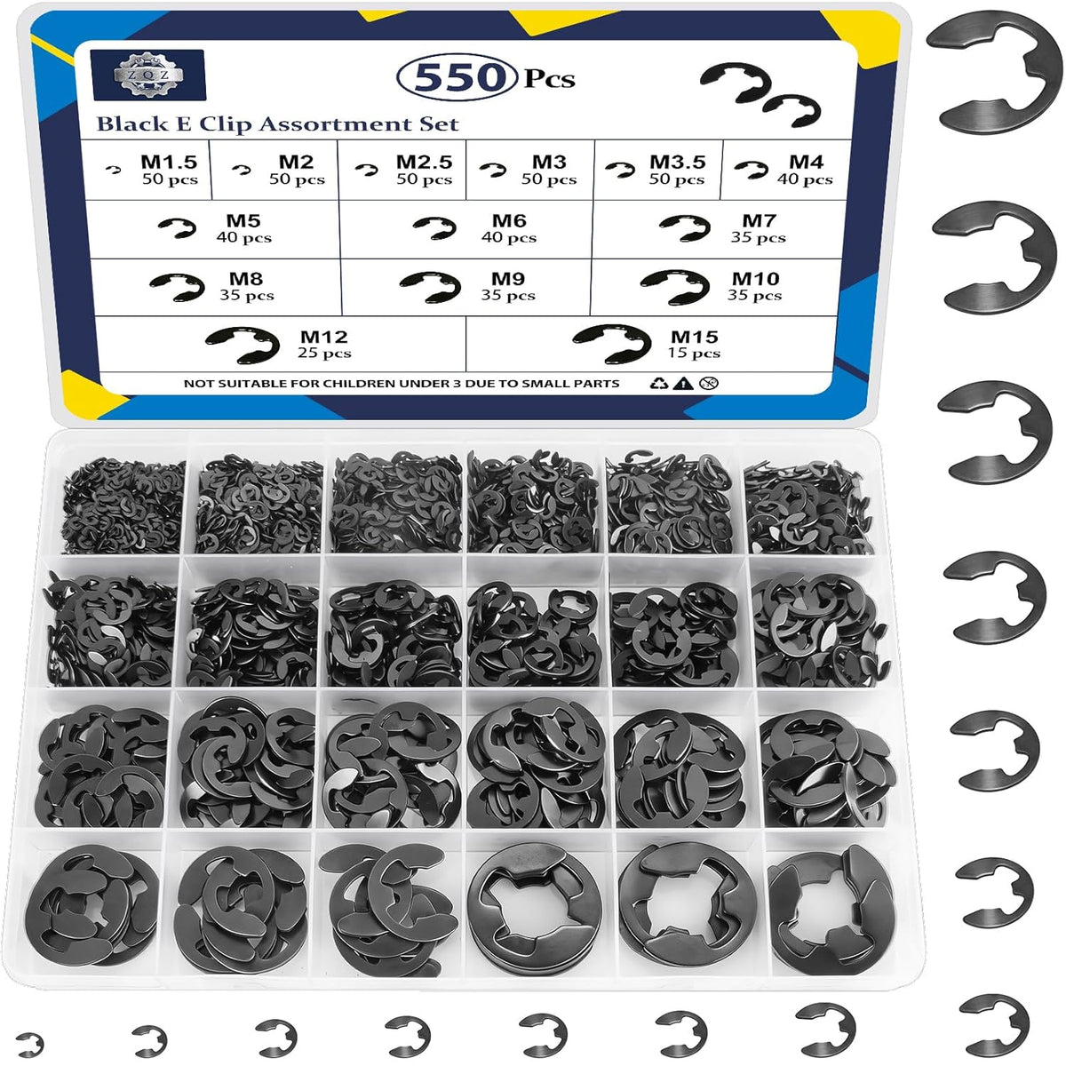 ZQZ E Clips Assortment Kit (M1.5-M15), 550 Pcs External Retaining Rings Set