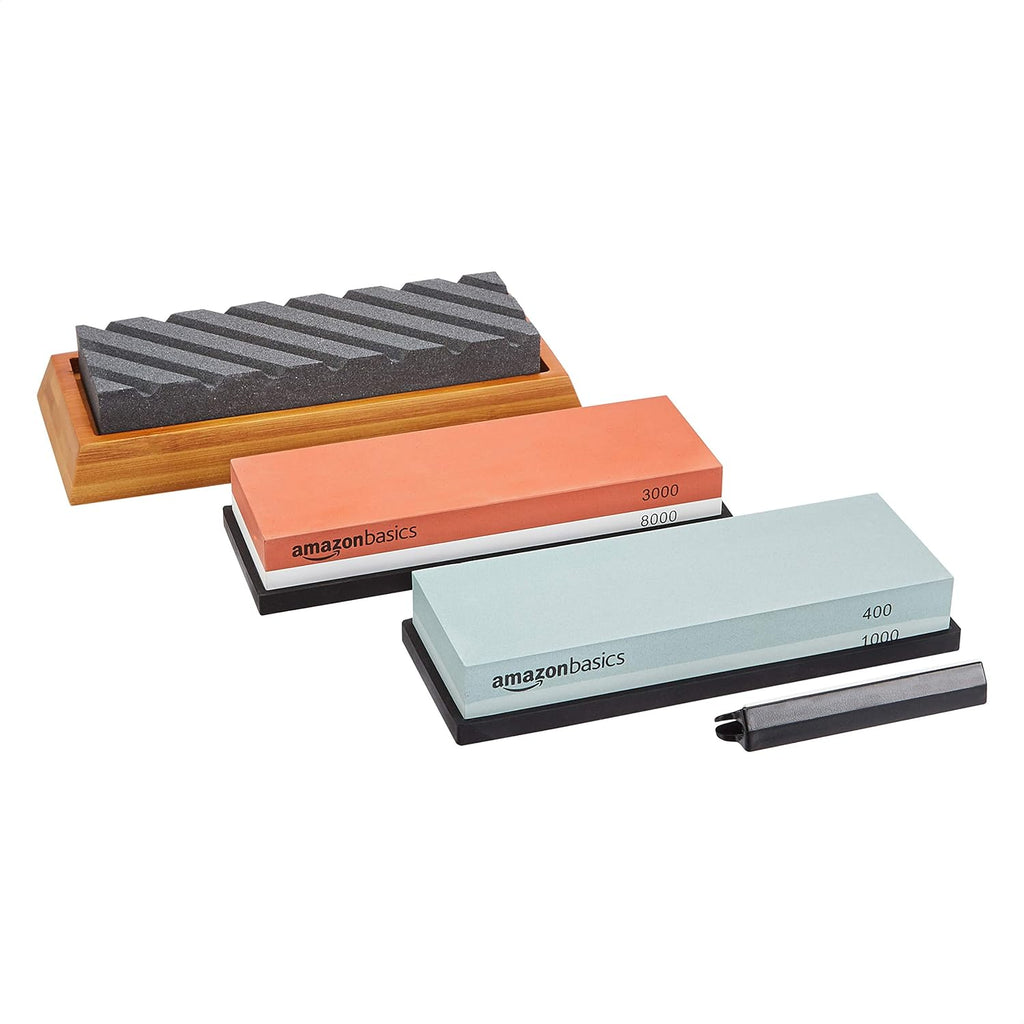 Whetstone Knife Sharpening Stone Set, Double-sided 400/1000 and 3000/8000 Grit Stones, Flattening Stone with Angle