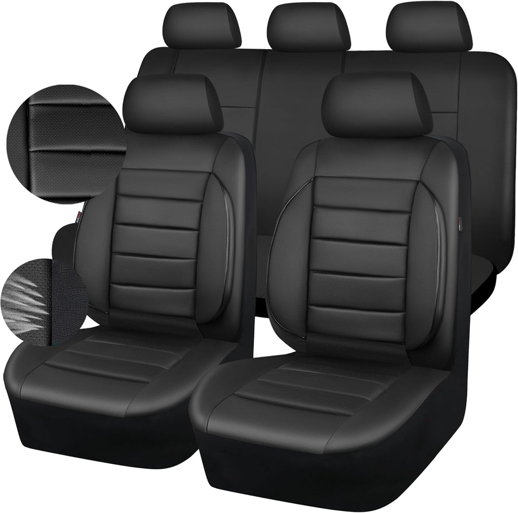 Leather Seat Covers Full Set Universal Water Resistant 3D Foam Back Support, Luxury Comfort Automotive 5 Seat Covers