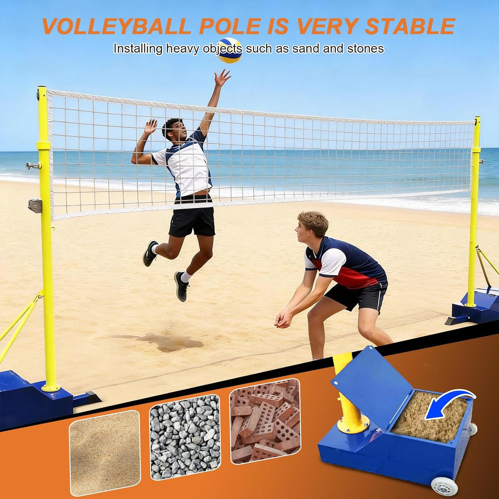 Adjustable Volleyball Badminton Net System with Wheels, 4 Height Settings 5ft-6.9ft | Heavy-duty steel frame dual