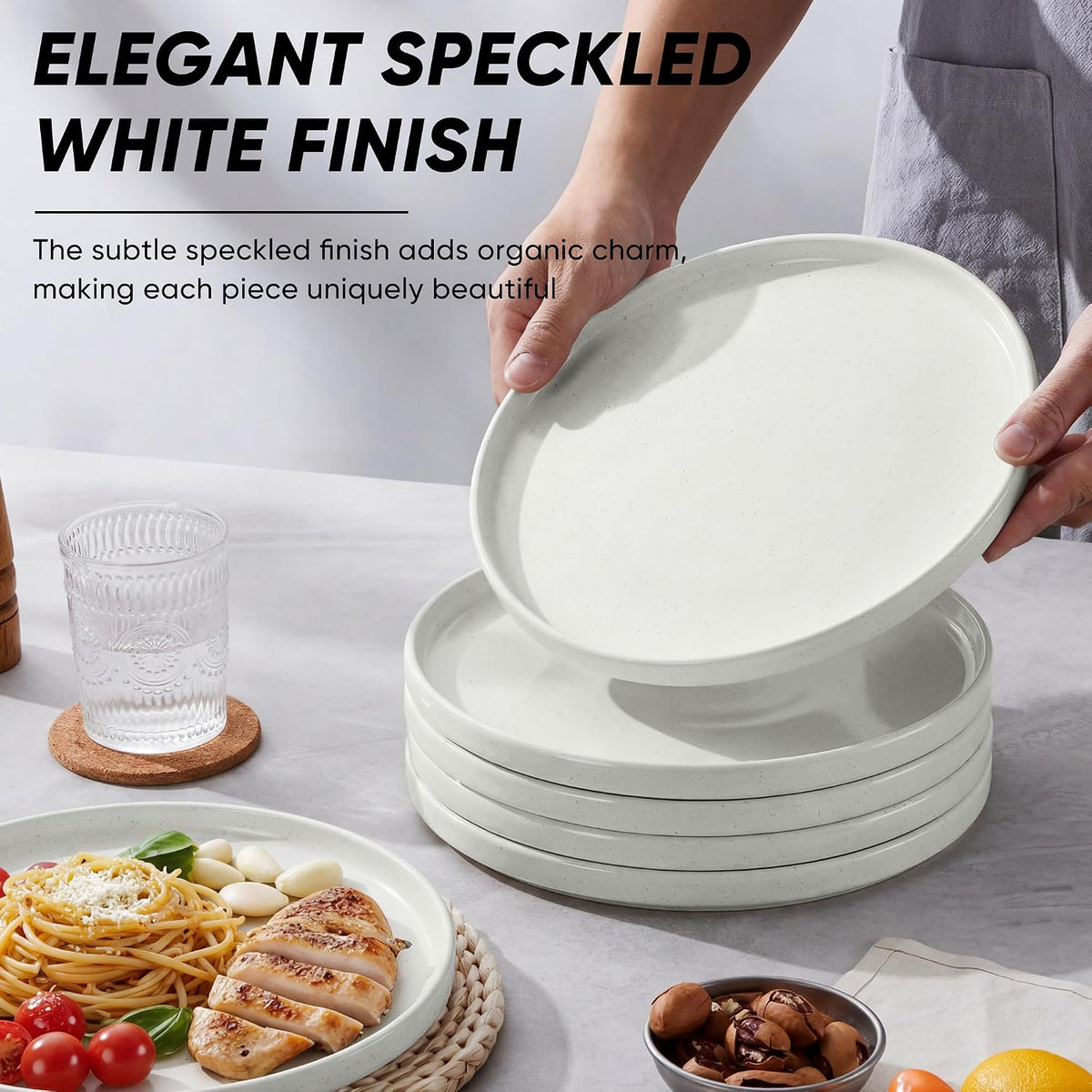 White Dinner Plates Set of 6, 10.5 Inch Stoneware Dinner Plate