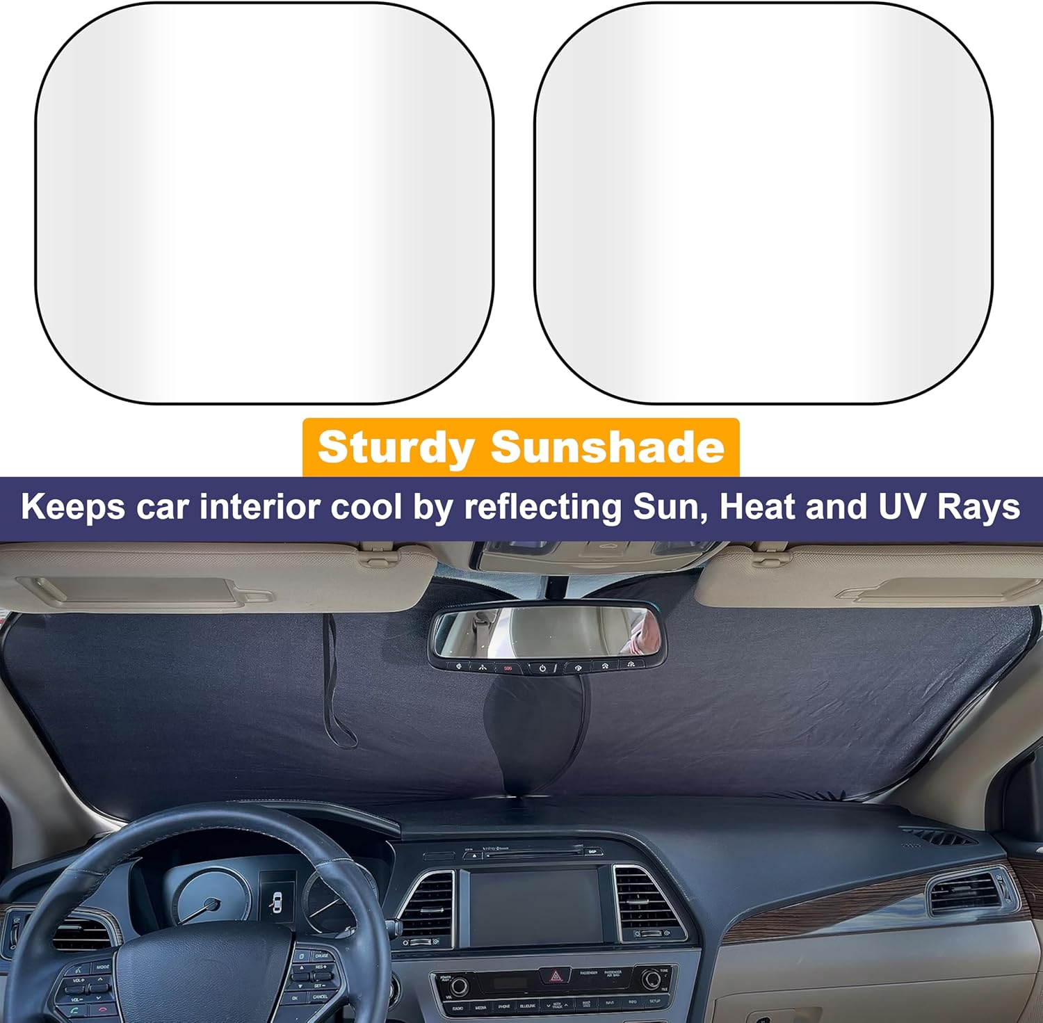 2 Piece Foldable Car Windshield Sun Shade – UV & Heat Protection, Interior Cooling, Durable Upgraded Design, Easy