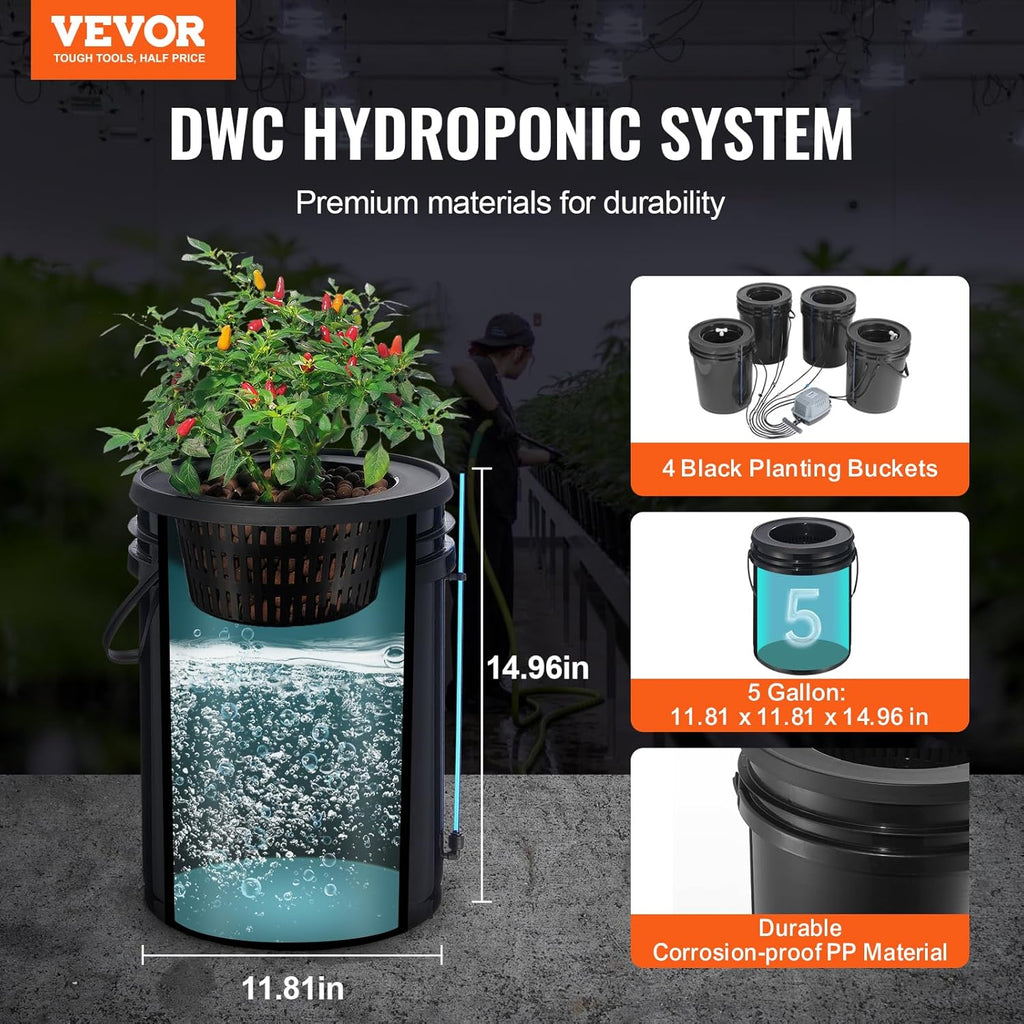 DWC Hydroponics Grow System, Hydroponic Growing System with Top Drip Kit, Deep Water Culture 5-Gallon 4 Buckets, with