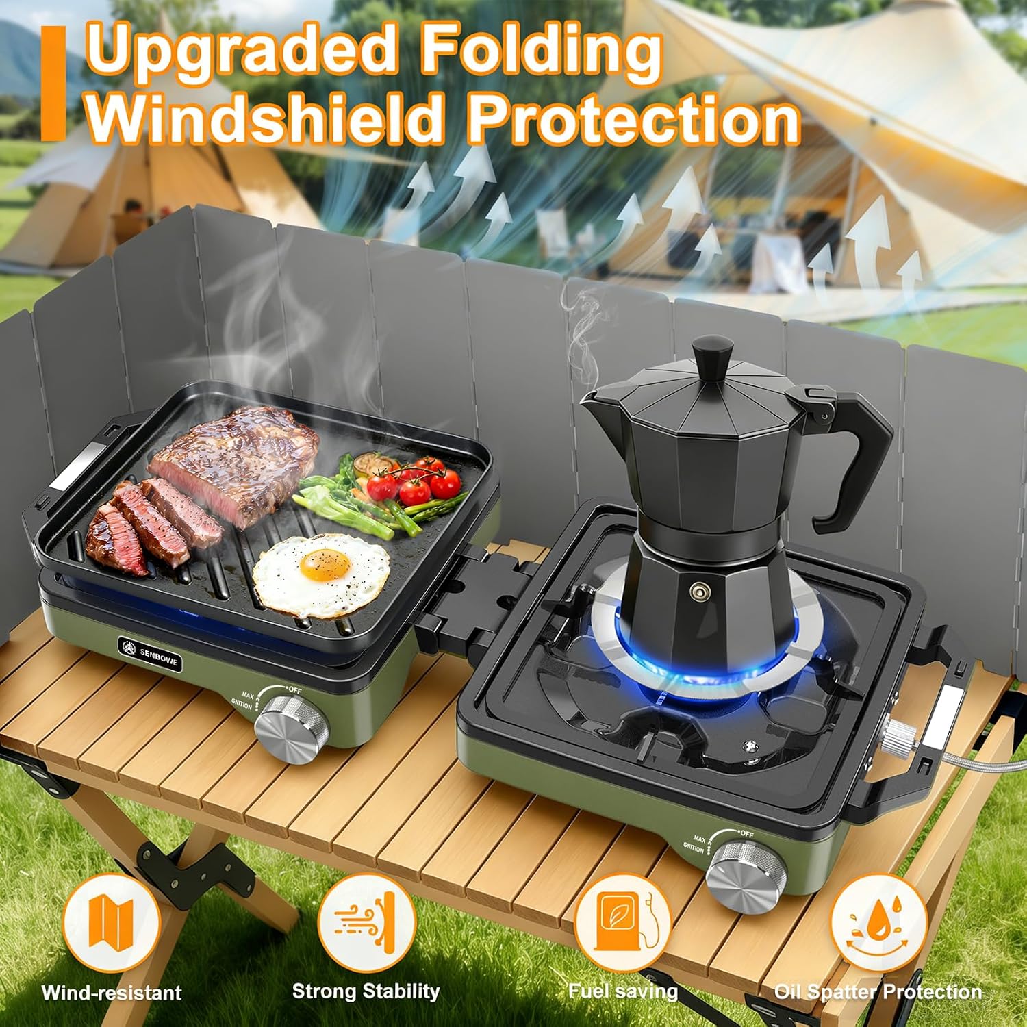 2-Burner Pro Camping Stove,24000 BTU Camp Stove,Foldable Propane Stove Includes Carry Bag,Windscreen Griddle