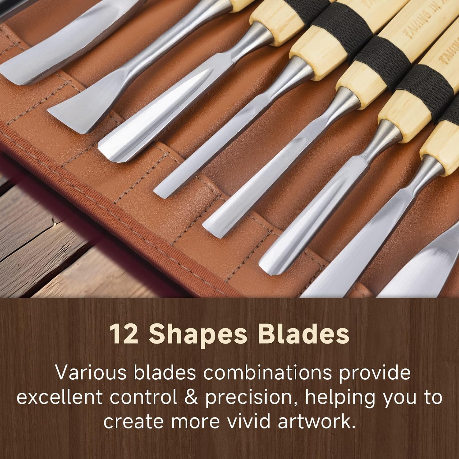 12 Pcs Wooden Carving Chisel Set with a Leather Pouch | Long Handle Woodworking Tools Set, Full Size Knife Gouge Kit