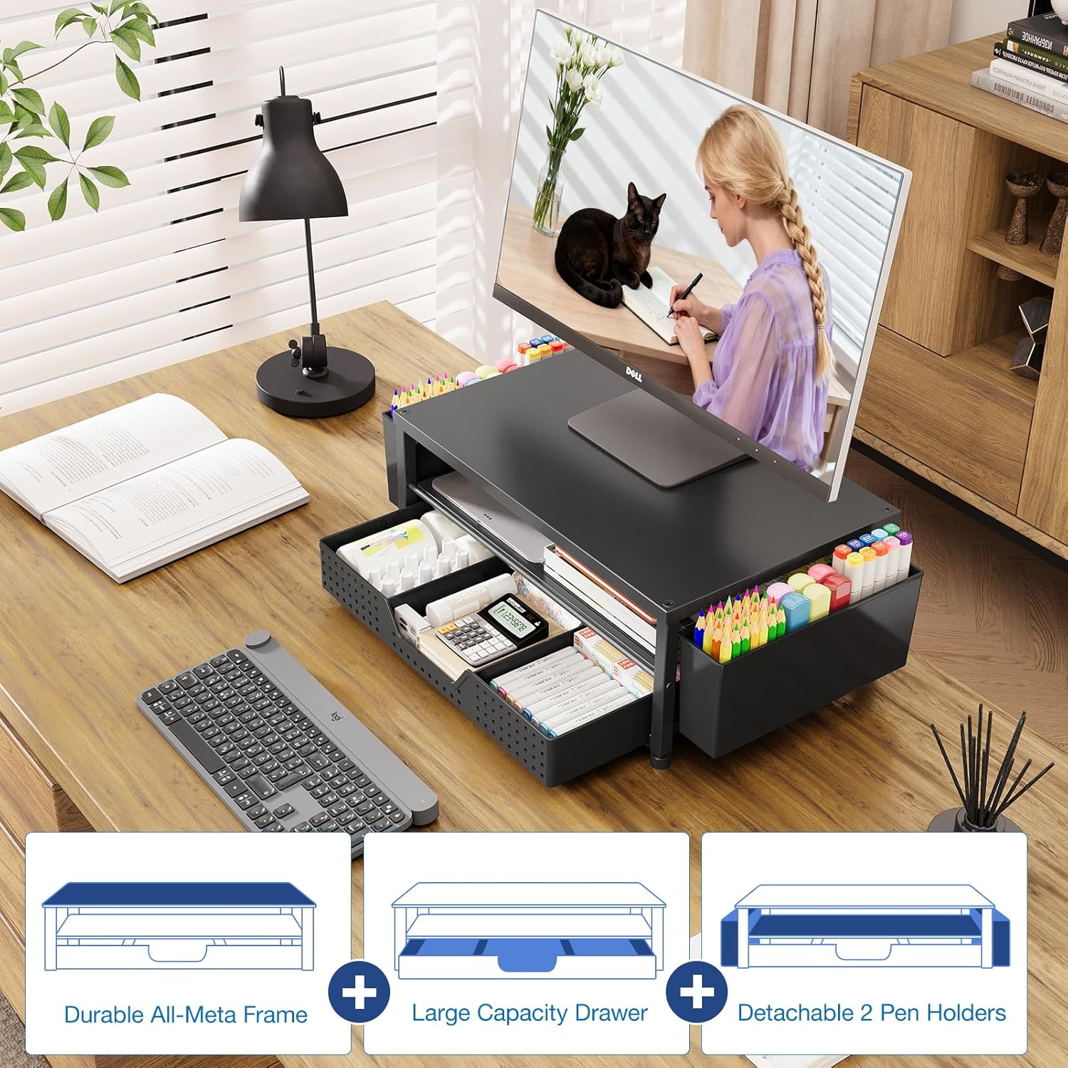 Desk Organizers and Accessories, Computer Monitor Stand Riser with Drawer and 2 Pen Holders, Printer & Laptop Stand