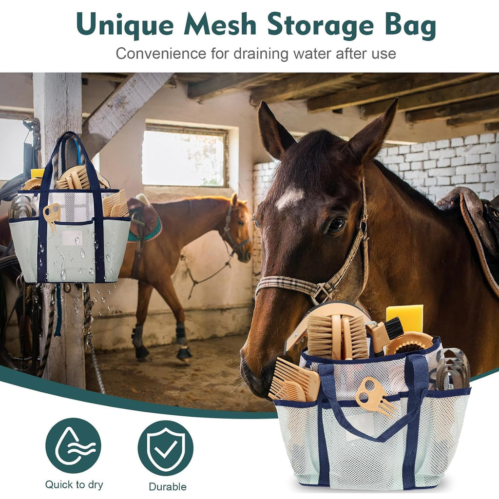 Horse Grooming Kit for Bathing, 13Pcs Horse-Brush Set with Mesh Bag, Shower Brushes, Braiding and Curry Comb, Sweat