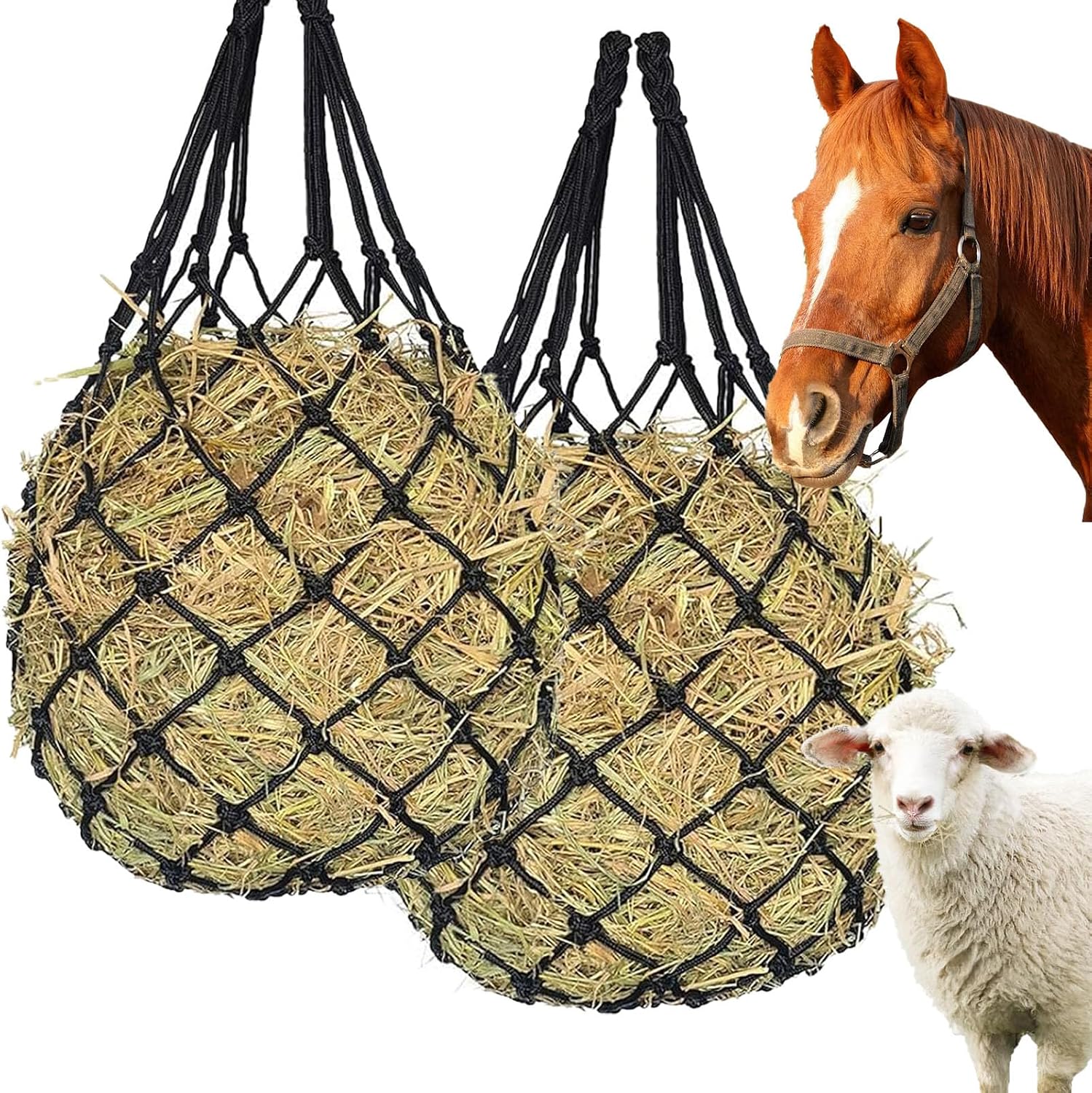 Slow Feed Hay Net for Horses,2 Pack Hanging Feeder for Horses Sheep Goats, Black Nylon Mesh Bag, 40 Inch Length, 2.36