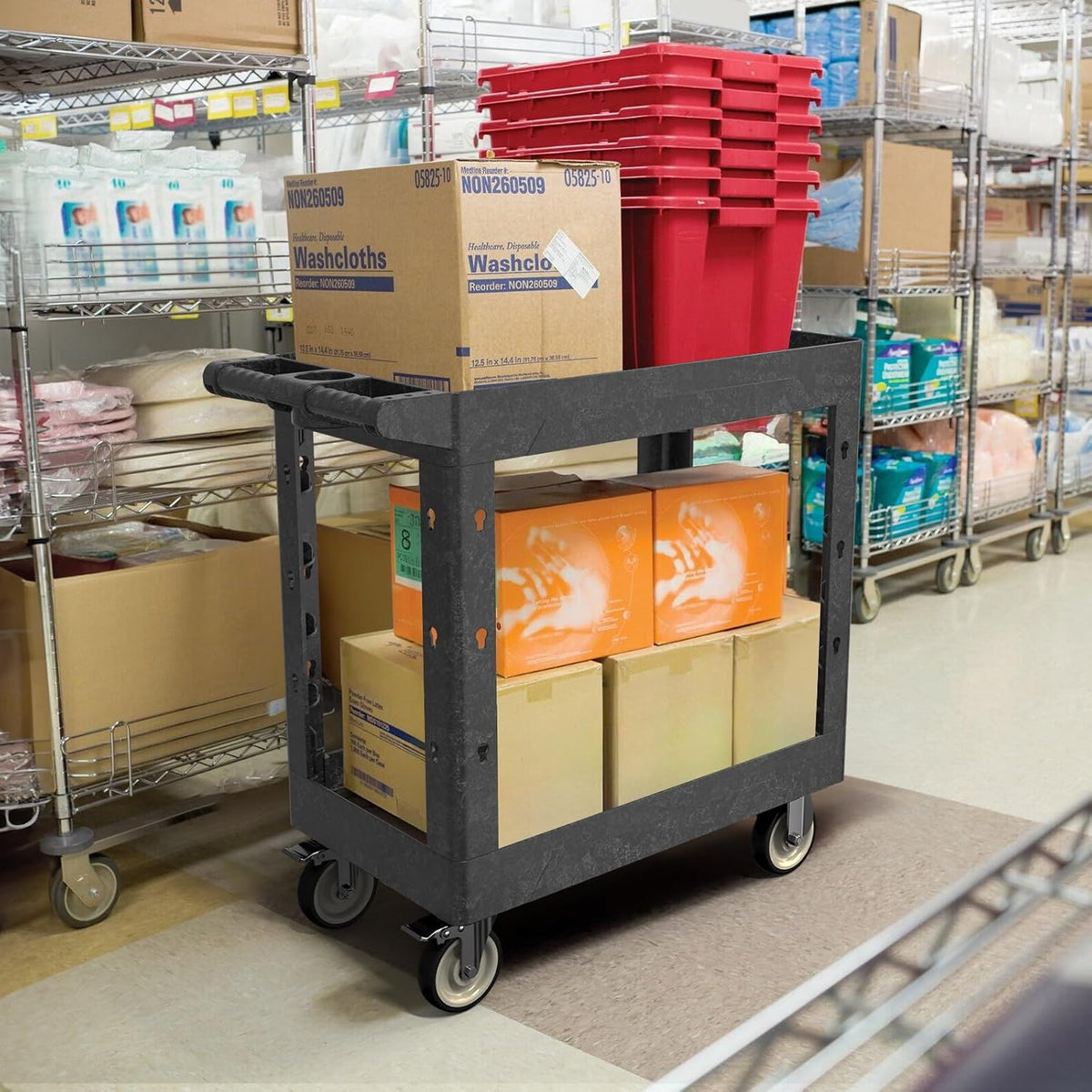 Plastic Utility Cart on Wheels, 34 x 17 Inch Rolling Service Cart-Black