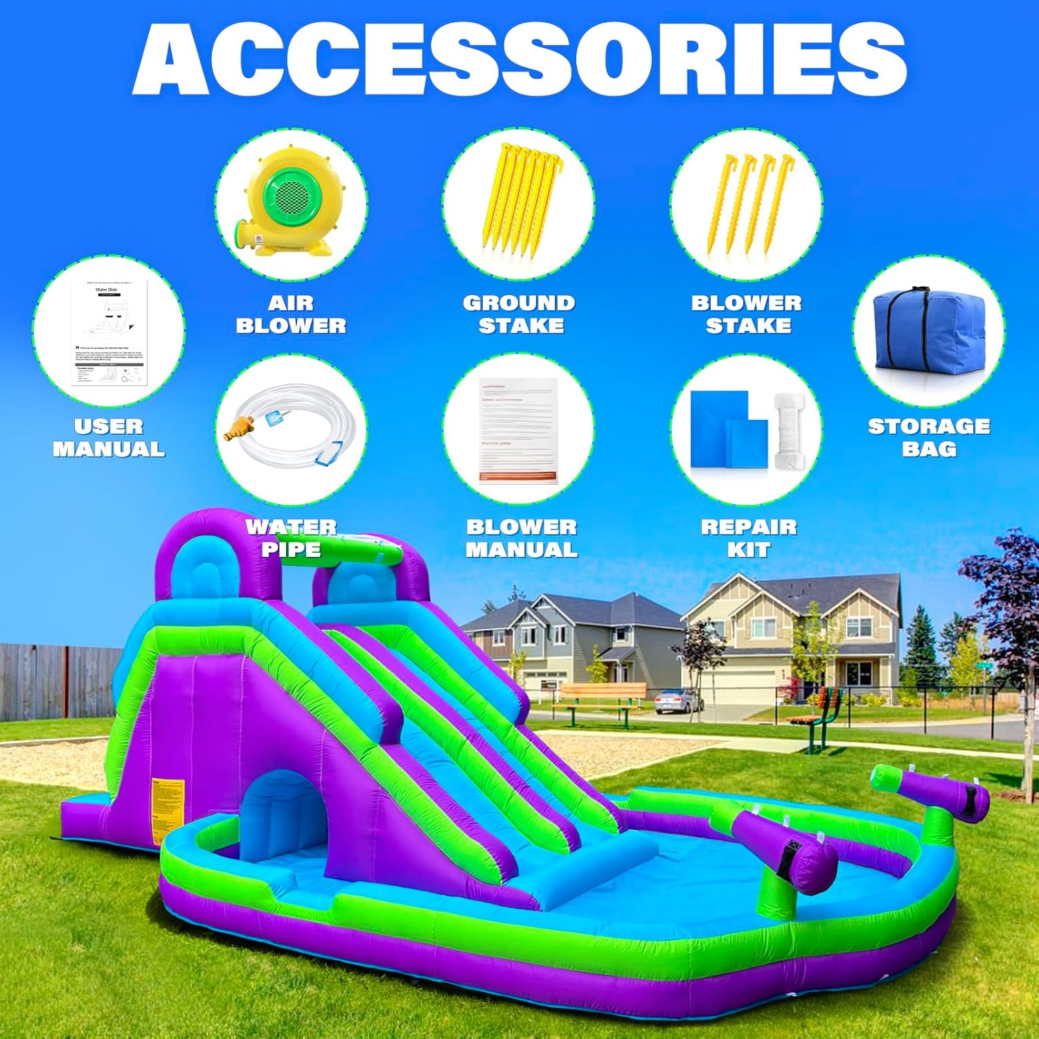 Inflatable Double Water Slide-17.7FT Large Climber Inflatable Water Park for Big Kids 5-10-Huge Splash Pool-Easy to