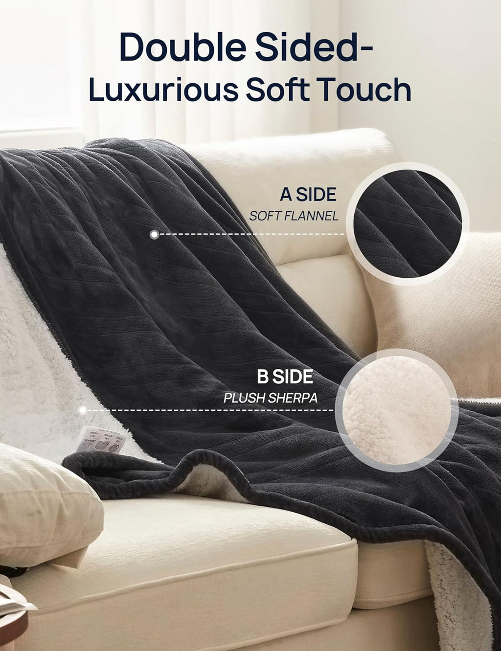 Electric Throw Blanket with Foot Pocket, 50x62 Charcoal | Soft Flannel to Sherpa Heated Throw with 6 Heating Levels &