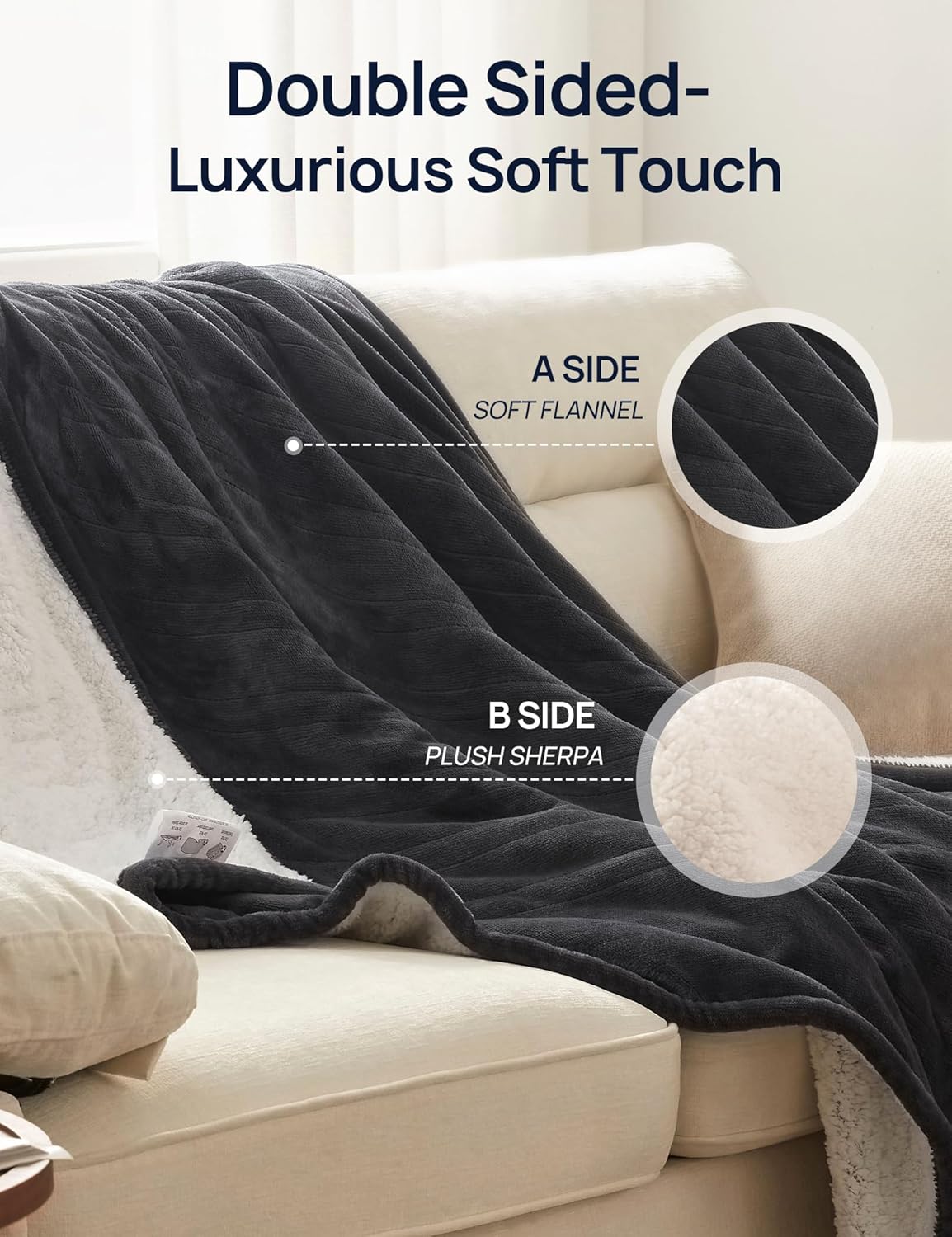 Electric Throw Blanket with Foot Pocket, 50x62 Charcoal | Soft Flannel to Sherpa Heated Throw with 6 Heating Levels &