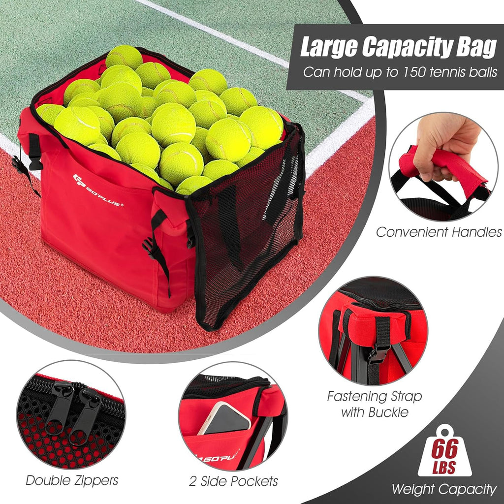 Foldable Tennis Ball Hoppers, Lightweight Aluminum Tennis Ball Basket with Wheels, Removable Bag, Side Pockets, Carry
