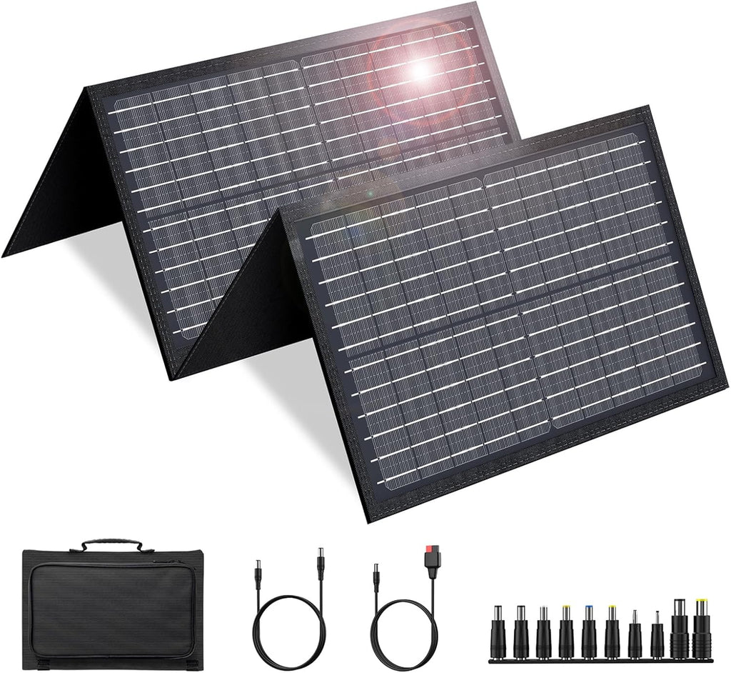 60W Solar Panel for Portable Power Station, Foldable Solar Panel with 12-18V DC Output/USB QC3.0/USB C(10 Changeable