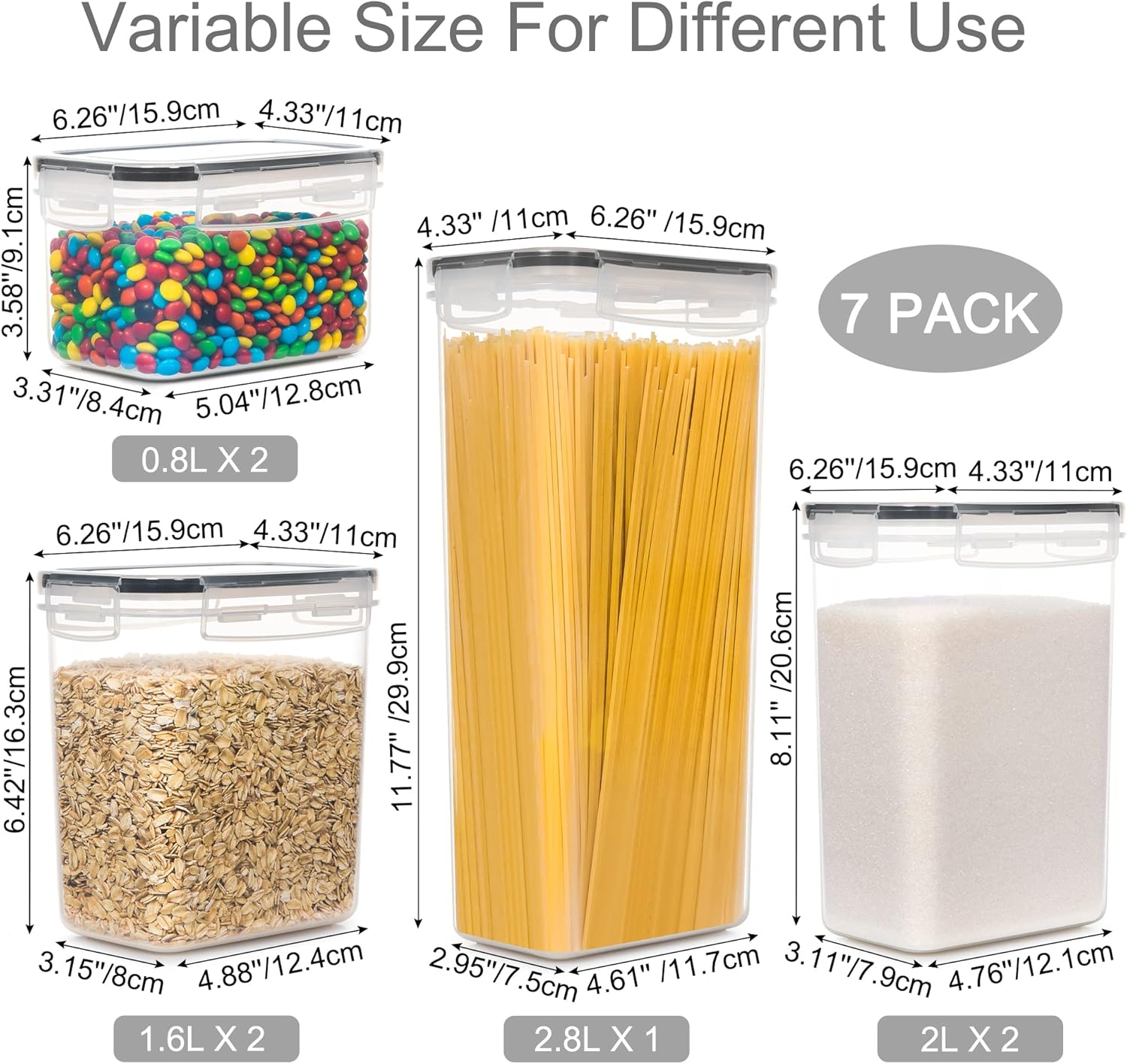 Airtight Food Storage Containers with Lids, 7 PCS BPA Free Kitchen Canisters for Spaghetti, Pasta, Dry Food, Flour