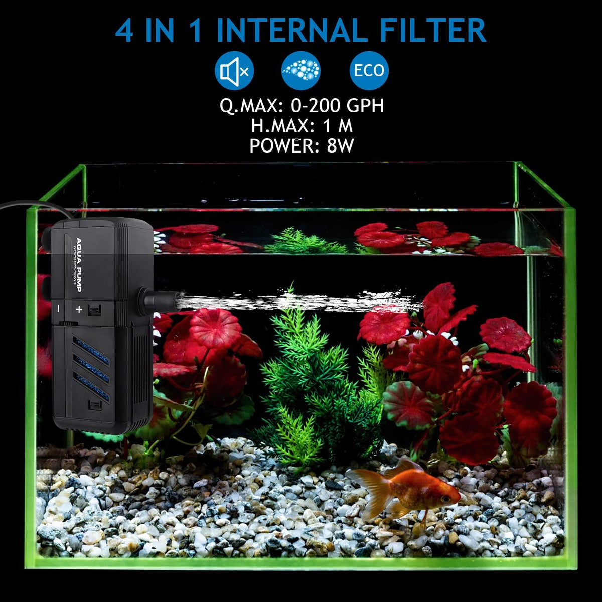 Submersible Aquarium Internal Filter 6W, Adjustable Fish Tank Filter with 132 GPH Water Pump for 1-10 Gallon Fish Tank